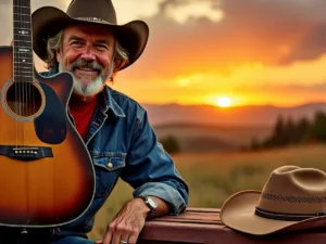 Vintage guitar and cowboy hat against a sunset backdrop.