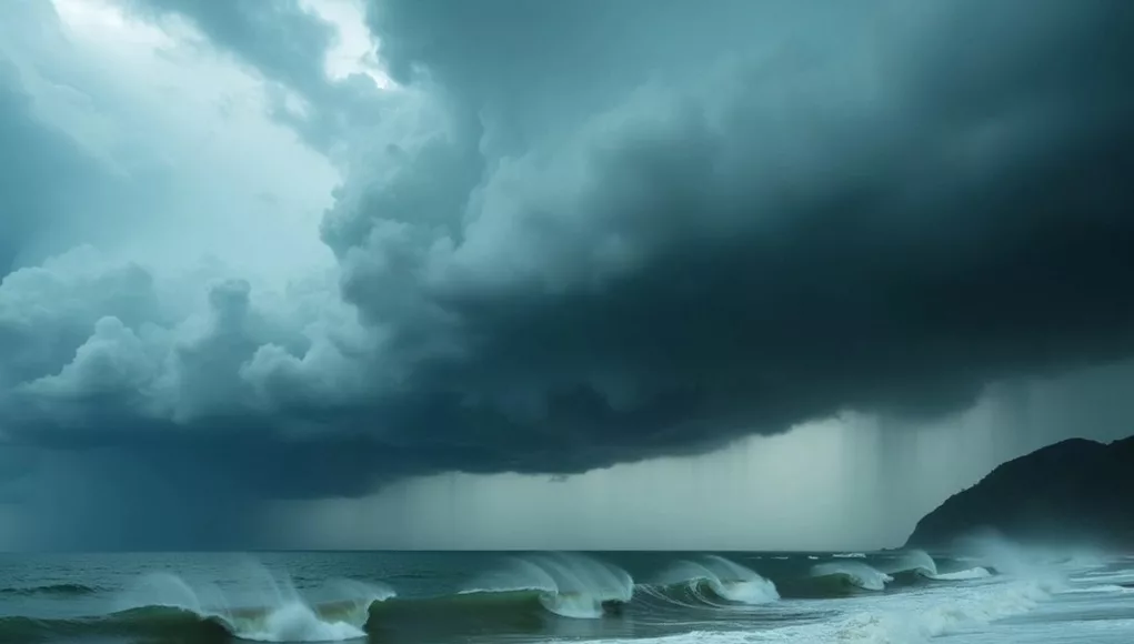 Dark storm clouds over turbulent ocean waves near Taiwan.