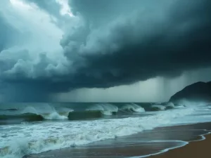 Dark storm clouds over turbulent ocean waves near Taiwan.