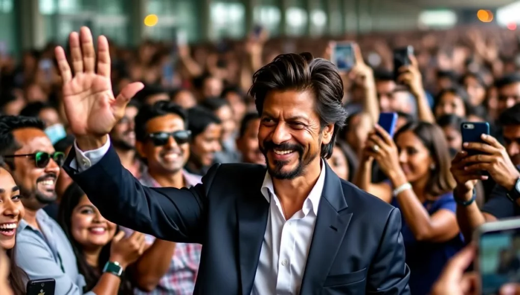 Shah Rukh Khan surrounded by fans at Mumbai Airport.