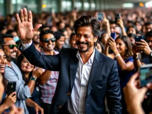 Shah Rukh Khan surrounded by fans at Mumbai Airport.