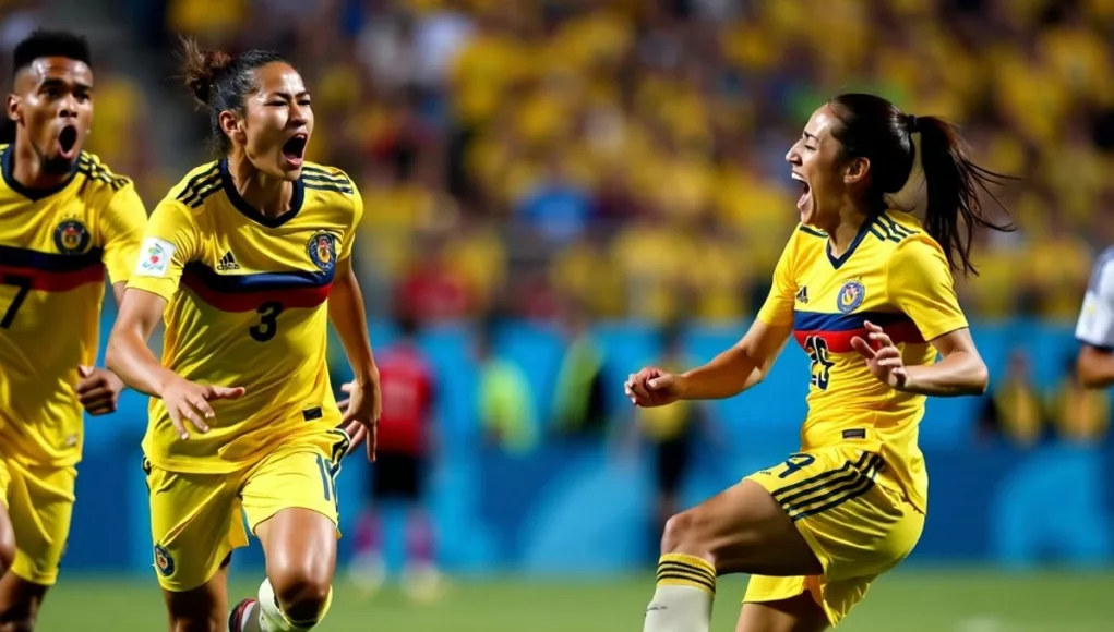 Colombian players celebrating victory over Argentina in soccer.