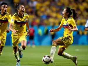 Colombian players celebrating victory over Argentina in soccer.