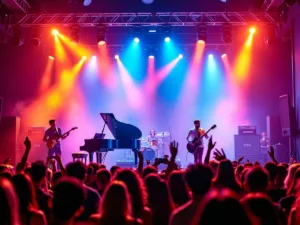 Energetic concert with colorful lights and excited crowd.