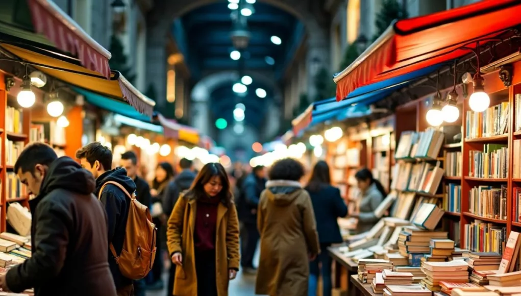 Diverse crowd exploring colorful book stalls at fair.