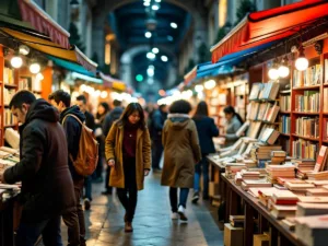 Diverse crowd exploring colorful book stalls at fair.