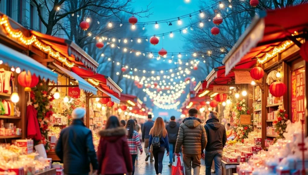 Crowd of shoppers at a colorful market festival.