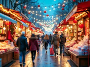 Crowd of shoppers at a colorful market festival.