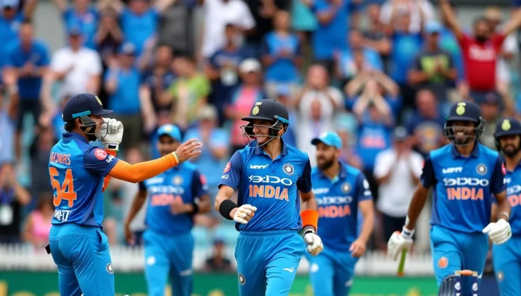 Cricketer celebrating wicket with teammates in a lively stadium.