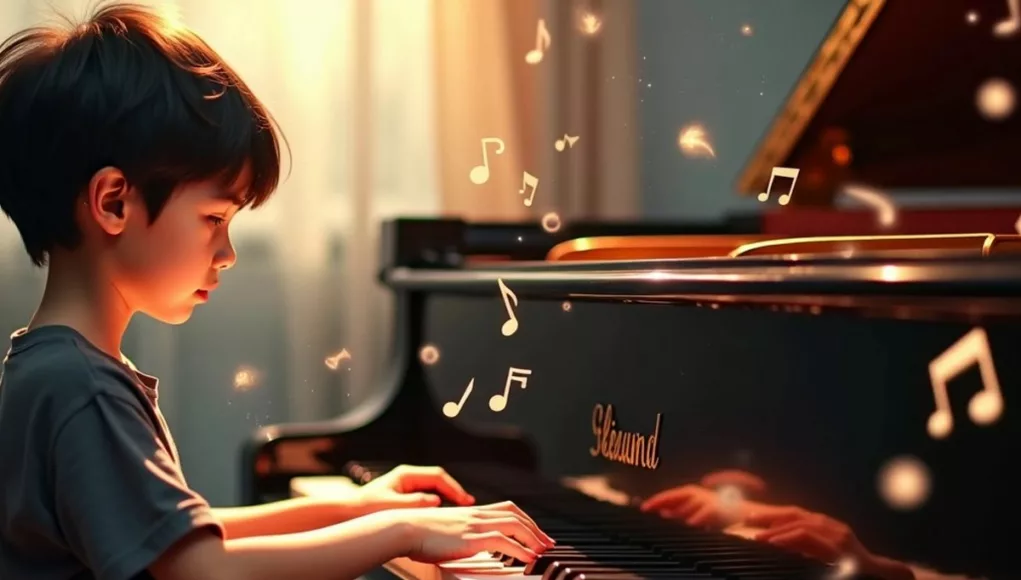 Young boy playing piano with musical notes around him.