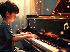 Young boy playing piano with musical notes around him.