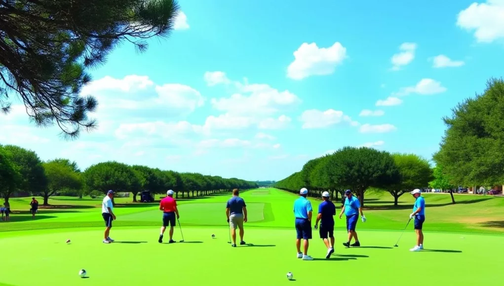 Four golf teams competing on a sunny Texas course.