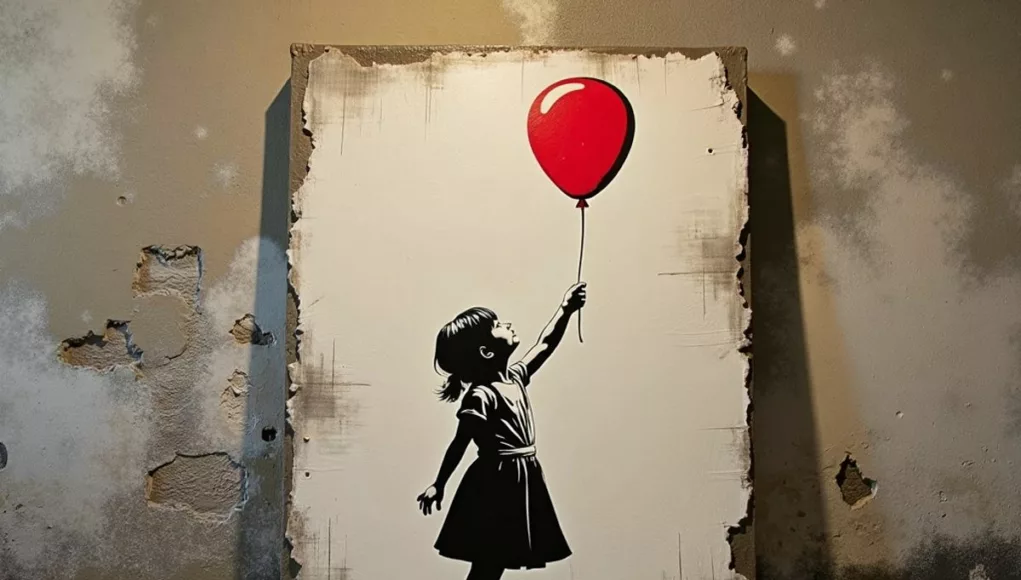 Banksy painting of girl with red balloon on wall.