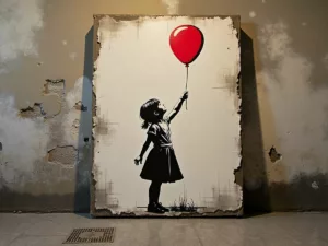 Banksy painting of girl with red balloon on wall.