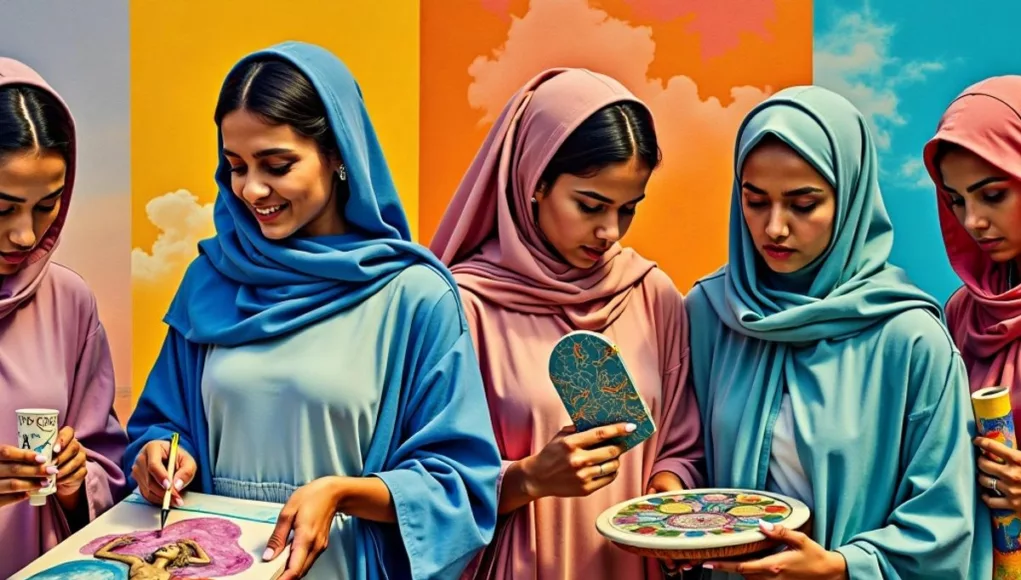 Emirati women creating art in a lively, colorful setting.