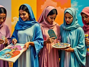 Emirati women creating art in a lively, colorful setting.