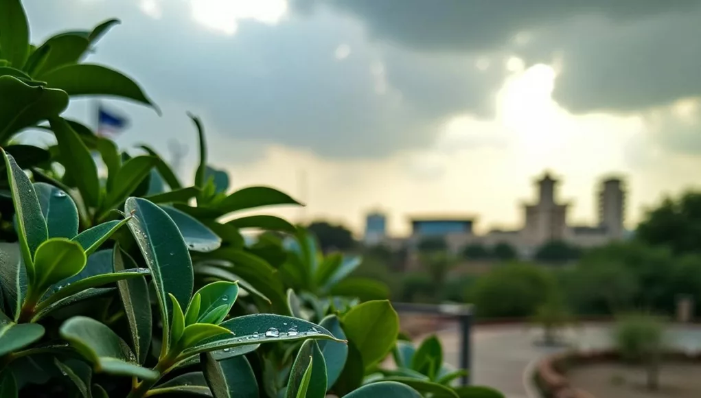 UAE landscape with clouds and sunlight, hinting rain.