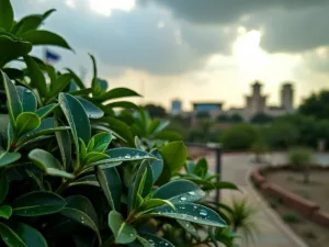 UAE landscape with clouds and sunlight, hinting rain.