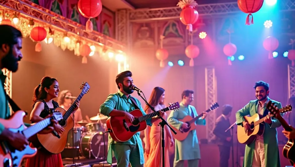 Celebration of Bollywood music with dancers and musicians.