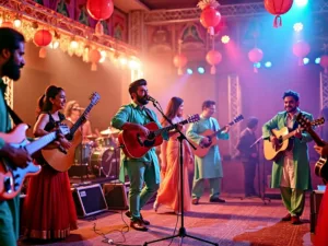 Celebration of Bollywood music with dancers and musicians.