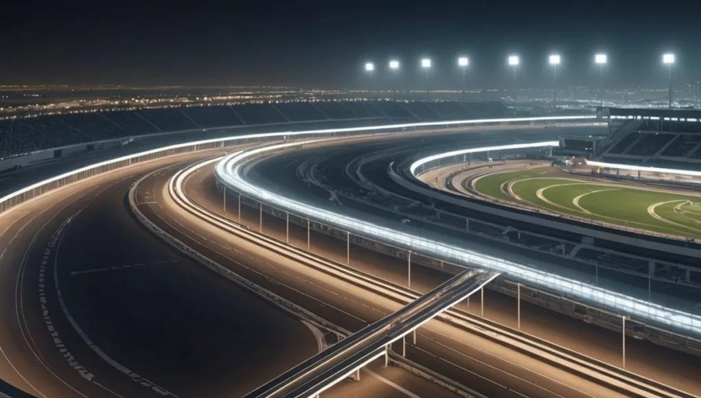 Driverless cars racing on a futuristic track