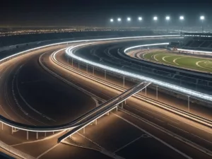 Driverless cars racing on a futuristic track