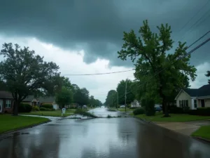 Storm damage with fallen trees and flooded streets.