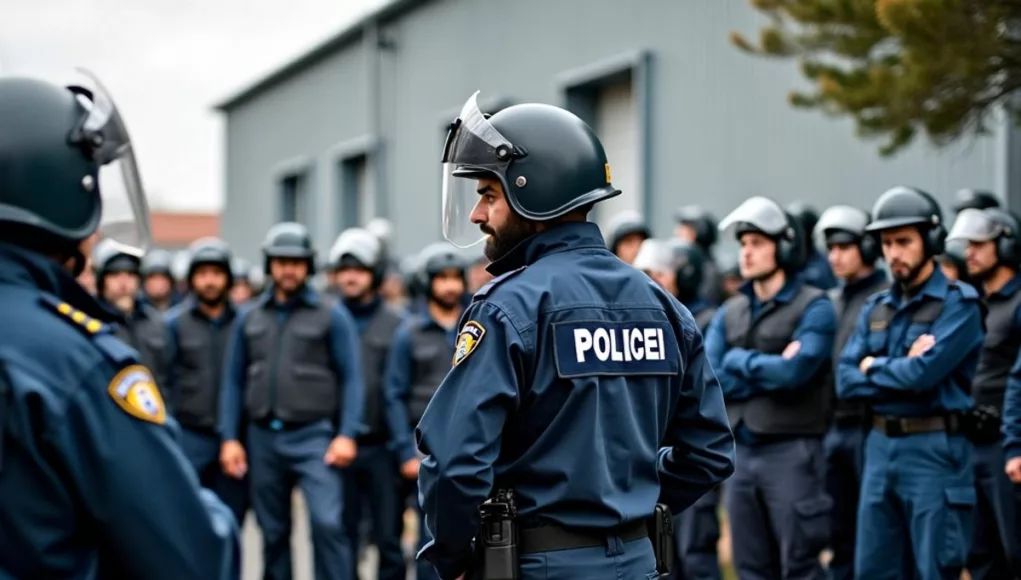 Workers and police gathered outside a factory.