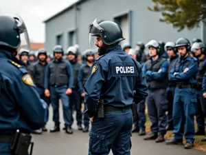 Workers and police gathered outside a factory.