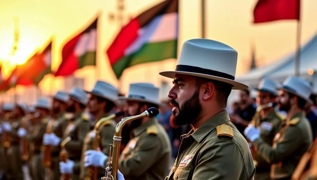 Military musicians performing outdoors in Sharjah.