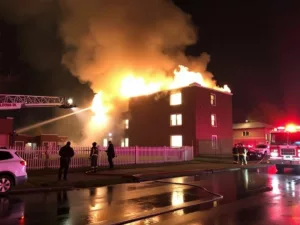 Firefighters battling a nighttime blaze