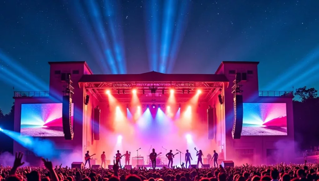 Crowd at a concert with colorful stage lights.