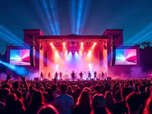 Crowd at a concert with colorful stage lights.