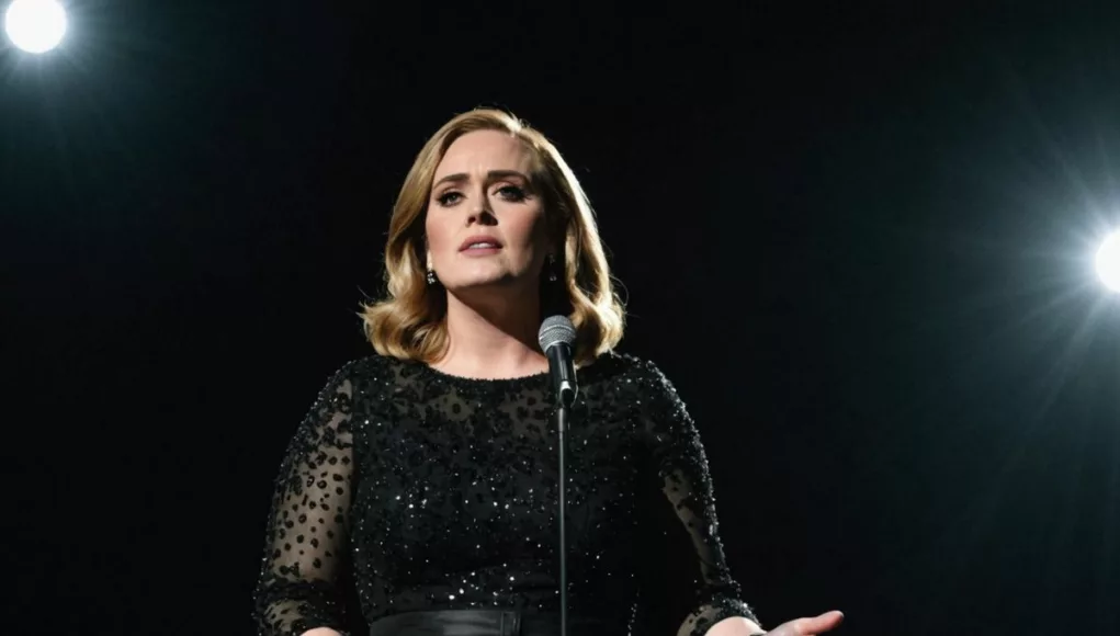 Adele on stage with a somber expression.