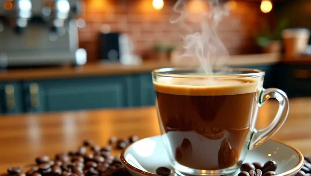 Cup of coffee with beans in a cozy café.