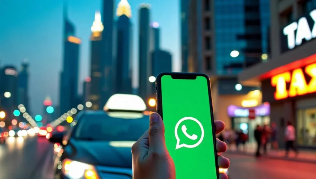 Taxi and smartphone with WhatsApp logo in Dubai.