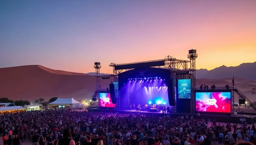 Desert music festival at dusk with colorful lights.