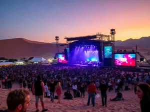 Desert music festival at dusk with colorful lights.