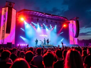 Coldplay performing live with colorful lights and cheering fans.