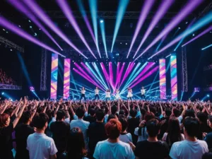 K-pop idols performing on a vibrant stage