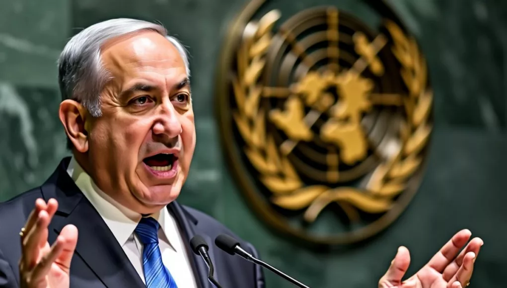 Netanyahu speaking at the UN with intense expression.