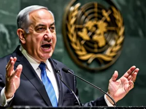 Netanyahu speaking at the UN with intense expression.