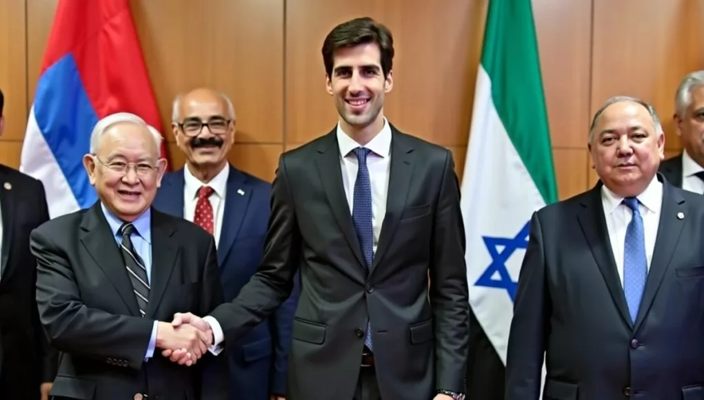 Kushner with UAE and Israeli officials shaking hands.