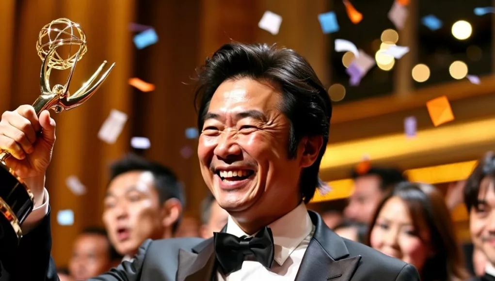 Hiroyuki Sanada celebrating his Emmy win.