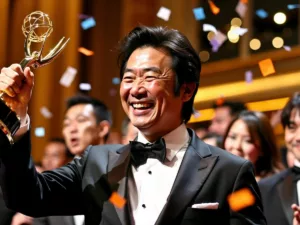 Hiroyuki Sanada celebrating his Emmy win.