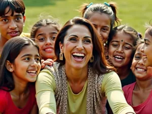 Rani Mukerji with children in colorful clothing outdoors.