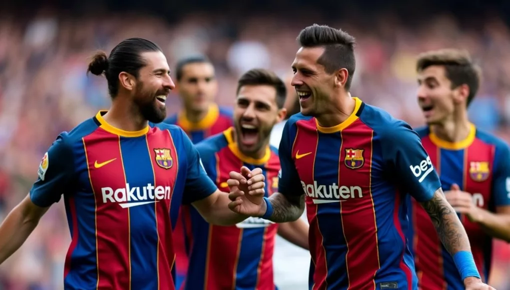 Barcelona players celebrating a goal during the match.