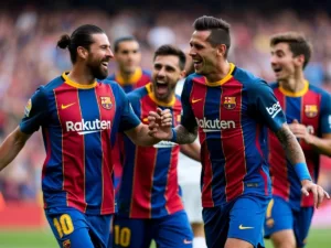 Barcelona players celebrating a goal during the match.