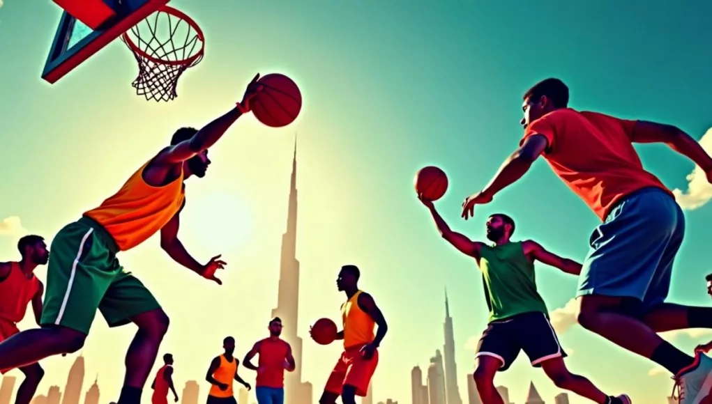 Basketball players in action with Dubai skyline backdrop.