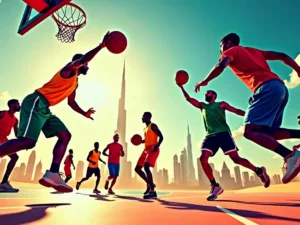 Basketball players in action with Dubai skyline backdrop.